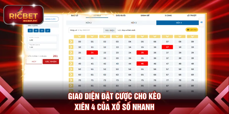 Giao diện đặt cược cho kèo xiên 4 của XS nhanh
